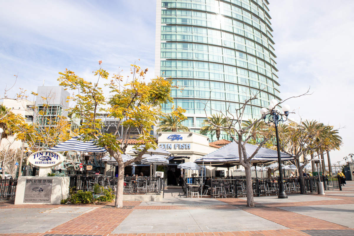 Restaurant exterior, tables lined up